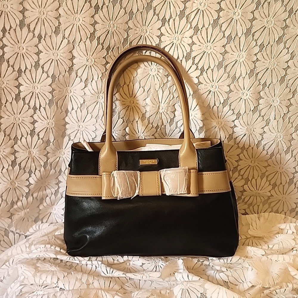 NWT Kate Spade "Elena" handbag, black and tan leather, approx 14.5"x5.5"x9.5"